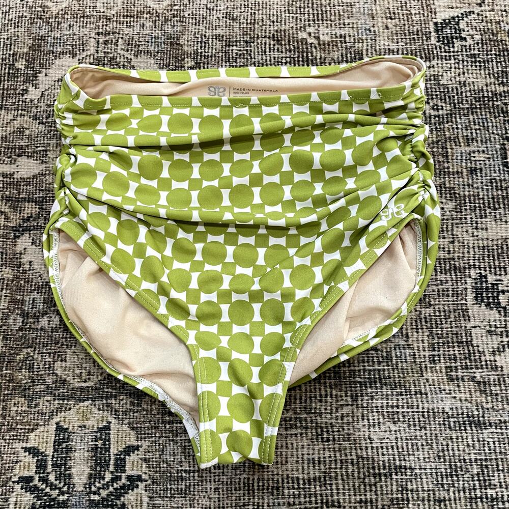 Albion Fit High Rise Rouched Green White Swim Bottoms Womens Size XS